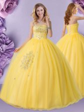 Beautiful Gold Ball Gowns Tulle Strapless Sleeveless Beading Floor Length Lace Up Quinceanera Dress