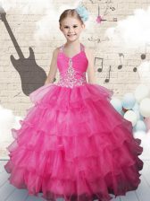Latest Hot Pink Ball Gowns Halter Top Sleeveless Organza Floor Length Lace Up Beading and Ruffled Layers Little Girls Pageant Gowns