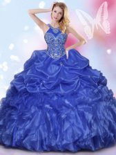 High Class Royal Blue Ball Gowns Halter Top Sleeveless Organza Floor Length Lace Up Appliques and Ruffles and Pick Ups 15th Birthday Dress
