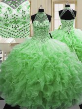 Romantic Ball Gown Prom Dress Military Ball and Sweet 16 and Quinceanera with Beading and Ruffles Halter Top Sleeveless Lace Up