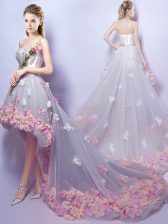  Grey Lace Up Sweetheart Appliques Prom Dress Tulle Sleeveless