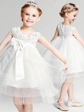 Flirting Scoop Knee Length Zipper Flower Girl Dresses White for Party and Quinceanera and Wedding Party with Appliques and Bowknot