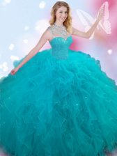 Inexpensive Teal High-neck Neckline Beading Quinceanera Dresses Sleeveless Lace Up
