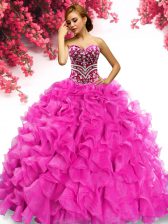 Clearance Hot Pink Organza Lace Up Quinceanera Gowns Sleeveless Sweep Train Beading and Ruffles