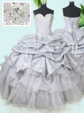 Deluxe Grey Organza and Taffeta Lace Up 15th Birthday Dress Sleeveless Floor Length Beading and Sequins and Pick Ups