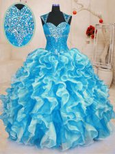 Attractive Sleeveless Organza Floor Length Lace Up Quinceanera Gowns in Aqua Blue with Beading and Ruffles