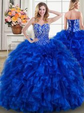 Glittering Royal Blue Ball Gowns Sweetheart Sleeveless Organza With Brush Train Lace Up Beading and Ruffles 15 Quinceanera Dress