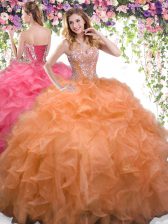 Fantastic Beading and Ruffles Quinceanera Gowns Orange Lace Up Sleeveless Floor Length