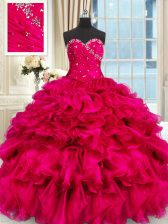 Dynamic Hot Pink Organza Lace Up Sweetheart Sleeveless Floor Length Quinceanera Gown Beading and Ruffles