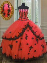  Red Lace Up Quinceanera Dress Appliques Sleeveless Floor Length