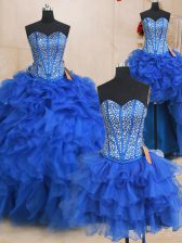  Four Piece Royal Blue Ball Gown Prom Dress Military Ball and Sweet 16 and Quinceanera with Beading and Ruffles Sweetheart Sleeveless Lace Up
