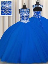  Royal Blue Scoop Lace Up Beading Sweet 16 Dresses Sleeveless