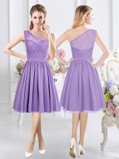  One Shoulder Lavender Sleeveless Knee Length Lace Side Zipper Quinceanera Dama Dress