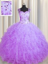  See Through Zipper Up Sleeveless Floor Length Beading and Ruffles Zipper Quinceanera Dress with Lavender