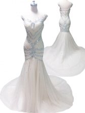 Adorable White Mermaid Tulle Straps Sleeveless Beading With Train Zipper Prom Party Dress Court Train
