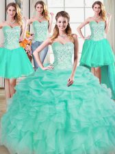  Four Piece Apple Green Lace Up Sweetheart Beading and Ruffles and Pick Ups Sweet 16 Dresses Organza Sleeveless
