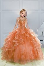  Ball Gowns Kids Pageant Dress Orange Halter Top Organza Sleeveless Floor Length Lace Up