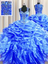  Zipper Up See Through Back Blue Sleeveless Floor Length Beading and Ruffles and Pick Ups Zipper Ball Gown Prom Dress