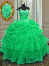 Elegant Halter Top Floor Length Lace Up Ball Gown Prom Dress Green for Military Ball and Sweet 16 and Quinceanera with Beading and Ruffled Layers and Pick Ups