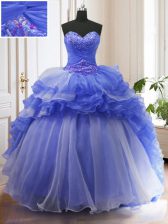  Ruffled With Train Blue Quinceanera Gowns Sweetheart Sleeveless Court Train Lace Up