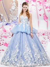 Fantastic Scoop Lavender Ball Gowns Lace and Appliques Quinceanera Gown Lace Up Organza and Tulle Sleeveless Floor Length