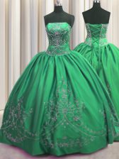 Perfect Floor Length Lace Up Quinceanera Gown Green for Military Ball and Sweet 16 and Quinceanera with Beading and Embroidery