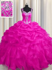  See Through Zipper Up Floor Length Zipper Quinceanera Gown Hot Pink for Military Ball and Sweet 16 and Quinceanera with Appliques and Ruffles and Ruffled Layers