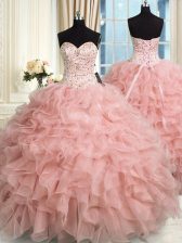 Stunning Baby Pink Lace Up Sweetheart Beading and Ruffles 15th Birthday Dress Organza Sleeveless