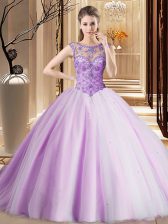 Enchanting Scoop Sleeveless Brush Train Lace Up Beading Quinceanera Gowns