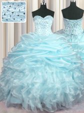  Aqua Blue Lace Up Sweet 16 Dresses Beading and Ruffles and Pick Ups Sleeveless With Brush Train