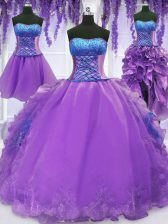  Four Piece Lavender Lace Up Quinceanera Dress Embroidery and Ruffles Sleeveless Floor Length