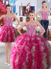 Three Piece Sleeveless Floor Length Beading Lace Up Sweet 16 Dresses with White and Hot Pink