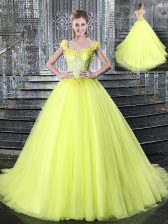 Fashionable Straps Yellow Tulle Lace Up Sweet 16 Dress Sleeveless With Brush Train Beading and Appliques
