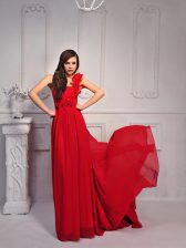  One Shoulder Red Sleeveless Court Train Hand Made Flower With Train Prom Dress