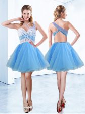 Luxurious One Shoulder Knee Length A-line Sleeveless Baby Blue Prom Gown Criss Cross