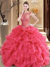  Scoop Floor Length Lace Up Quinceanera Gowns Coral Red for Military Ball and Sweet 16 and Quinceanera with Beading and Ruffles