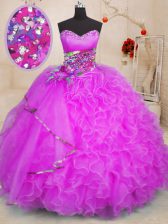 High Quality Sleeveless Floor Length Beading and Ruffles Lace Up Vestidos de Quinceanera with Fuchsia