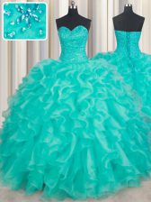 Sweetheart Sleeveless Lace Up Quinceanera Gown Turquoise Organza