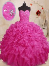 Graceful Sleeveless Organza Floor Length Lace Up Vestidos de Quinceanera in Hot Pink with Beading and Ruffles
