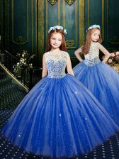 Excellent Scoop Blue Sleeveless Floor Length Appliques Clasp Handle Kids Formal Wear