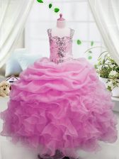 Pink Zipper Girls Pageant Dresses Beading and Ruffles and Pick Ups Sleeveless Floor Length