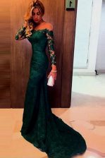 Fabulous Mermaid Dark Green Zipper Off The Shoulder Lace Prom Party Dress Lace Long Sleeves Sweep Train