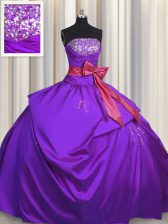 Pretty Purple Ball Gowns Taffeta Strapless Sleeveless Beading and Bowknot Floor Length Lace Up 15th Birthday Dress