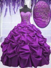 Perfect Purple Ball Gowns Taffeta Sweetheart Sleeveless Appliques and Pick Ups Floor Length Lace Up Quinceanera Dress