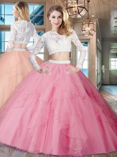  Scoop Long Sleeves Floor Length Zipper 15 Quinceanera Dress Rose Pink for Military Ball and Sweet 16 and Quinceanera with Beading and Lace and Ruffles