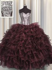 Clearance Sequins Visible Boning Ball Gowns Ball Gown Prom Dress Dark Purple Sweetheart Organza and Sequined Sleeveless Floor Length Lace Up