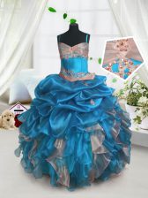  Baby Blue Organza Lace Up Little Girls Pageant Dress Sleeveless Floor Length Beading and Ruffles and Pick Ups