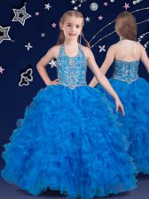 Dramatic Halter Top Sleeveless Floor Length Beading and Ruffles Zipper Little Girl Pageant Dress with Baby Blue