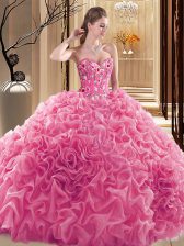  Pick Ups Rose Pink Sleeveless Fabric With Rolling Flowers Lace Up Ball Gown Prom Dress for Prom and Military Ball and Sweet 16 and Quinceanera