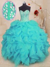 High End Floor Length Ball Gowns Sleeveless Aqua Blue Sweet 16 Dresses Lace Up